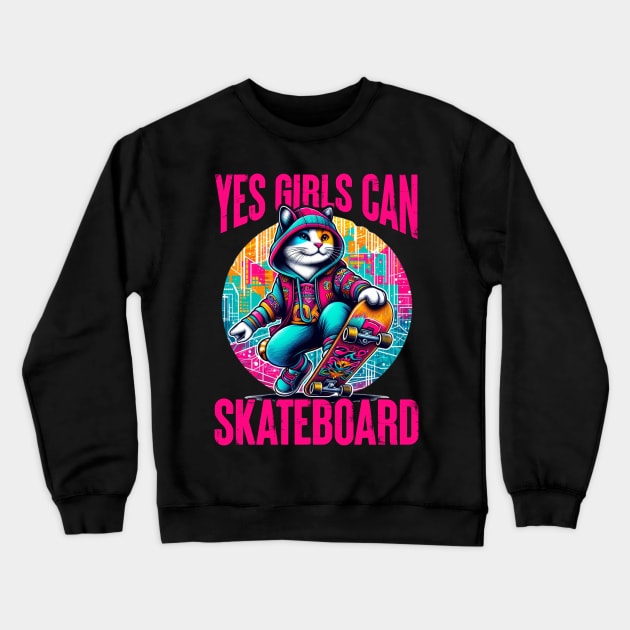 Yes Girls Can Skateboard - Cute Skateboarder Skater Cat Crewneck Sweatshirt by JJDezigns